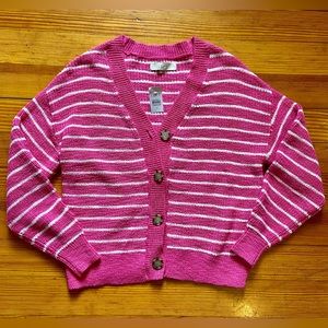 Loft Pink Relaxed Striped V-Neck Cardigan - Size Medium - New